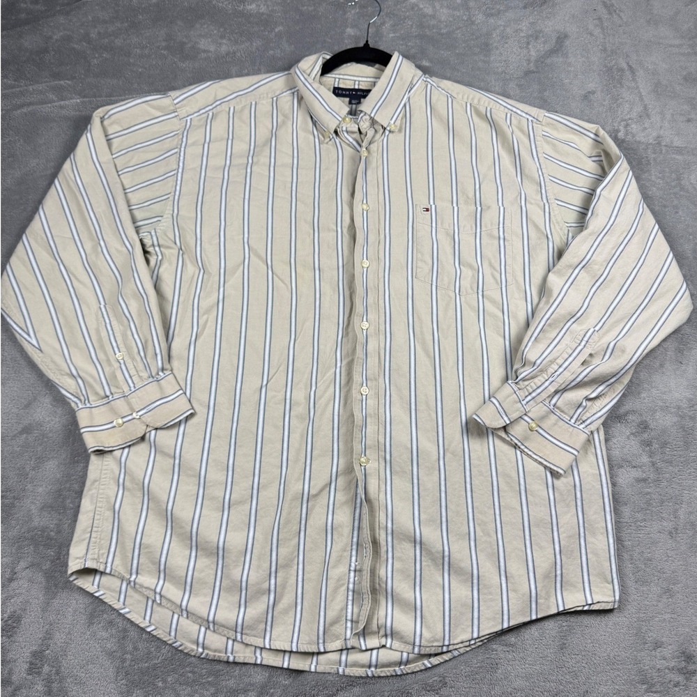 Tommy Hilfiger Mens Tan Blue Stripe Button Down Long Sleeve Casual Shirt XL